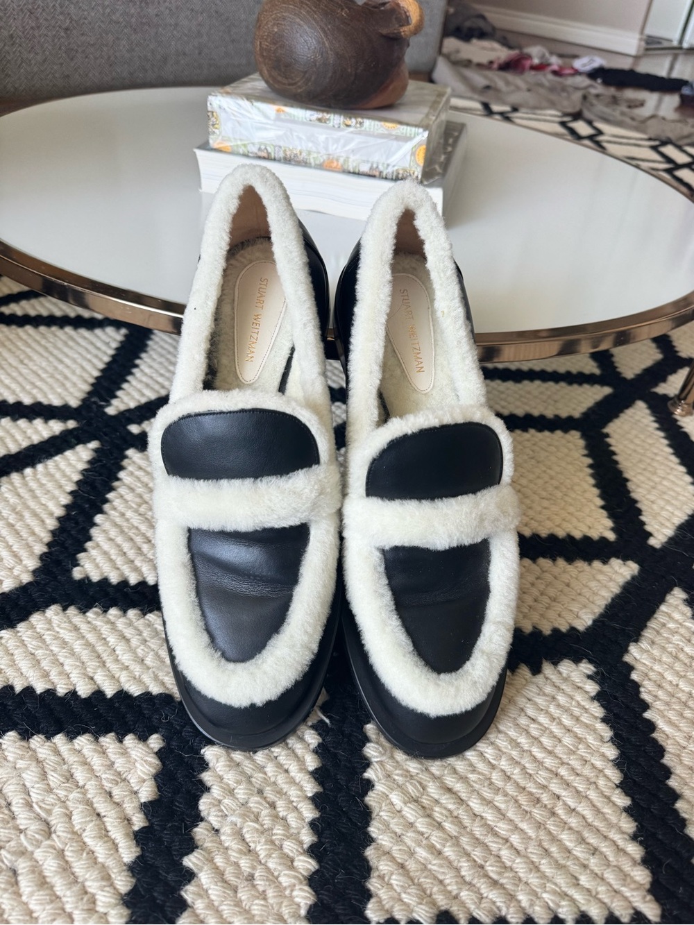 Stuart Weitzman PALMER Black Leather Loafers with White Shearling Trim